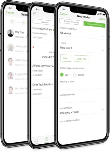Three smartphones displaying vendor management app screens